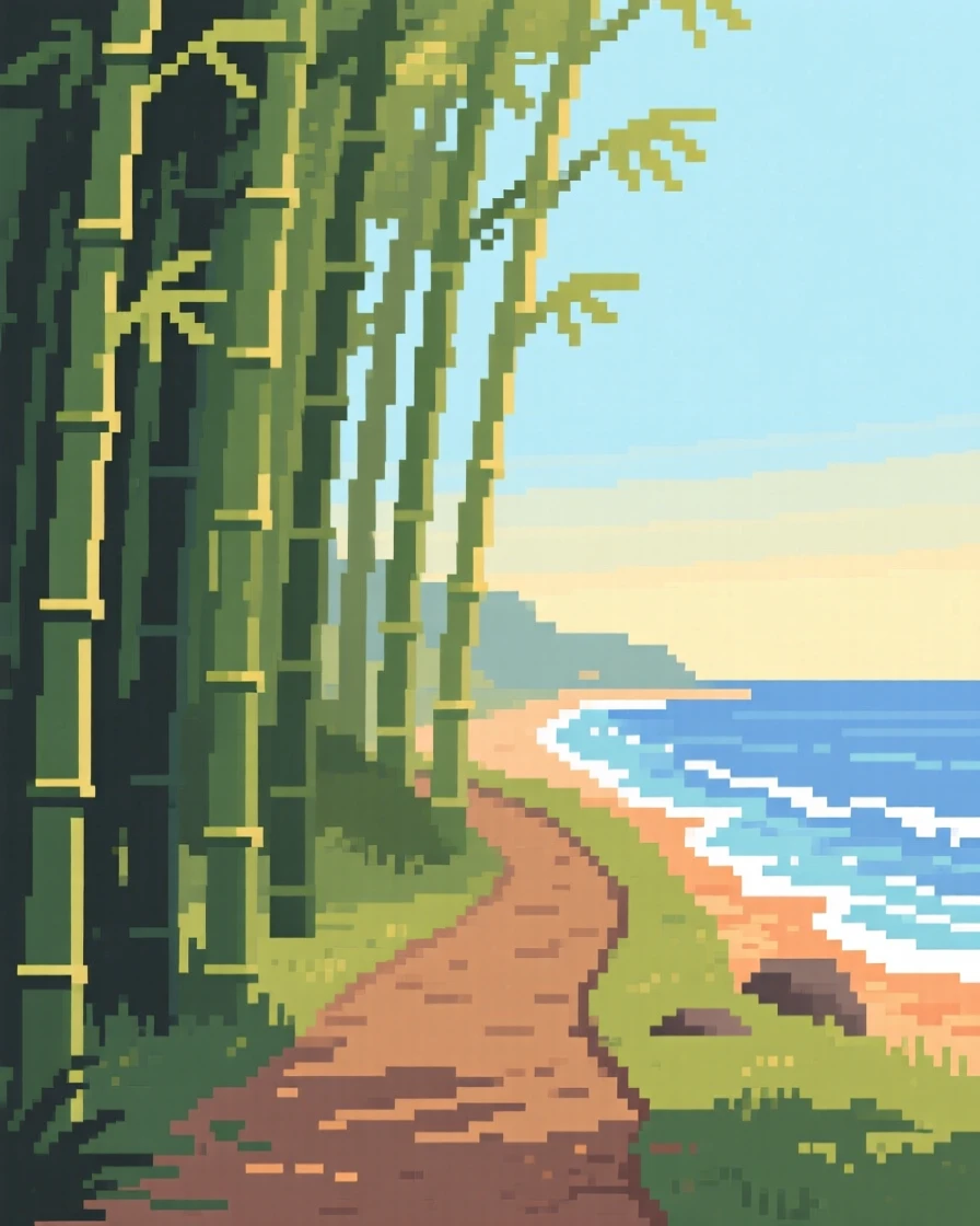 A bamboo forest path bathed in the soft light of early morning, along a coastline where waves gently break.