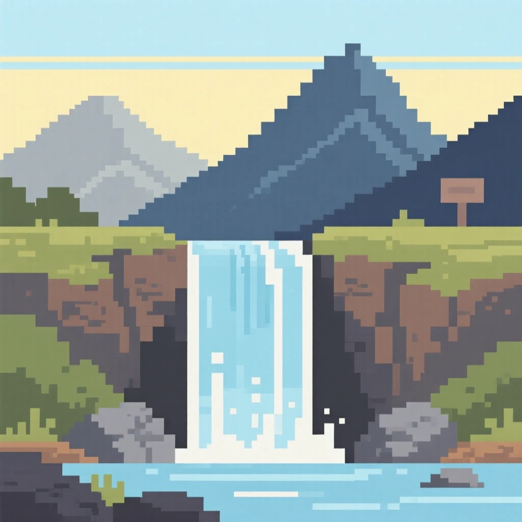A quiet waterfall bathed in the soft light of early morning, surrounded by distant mountain peaks.