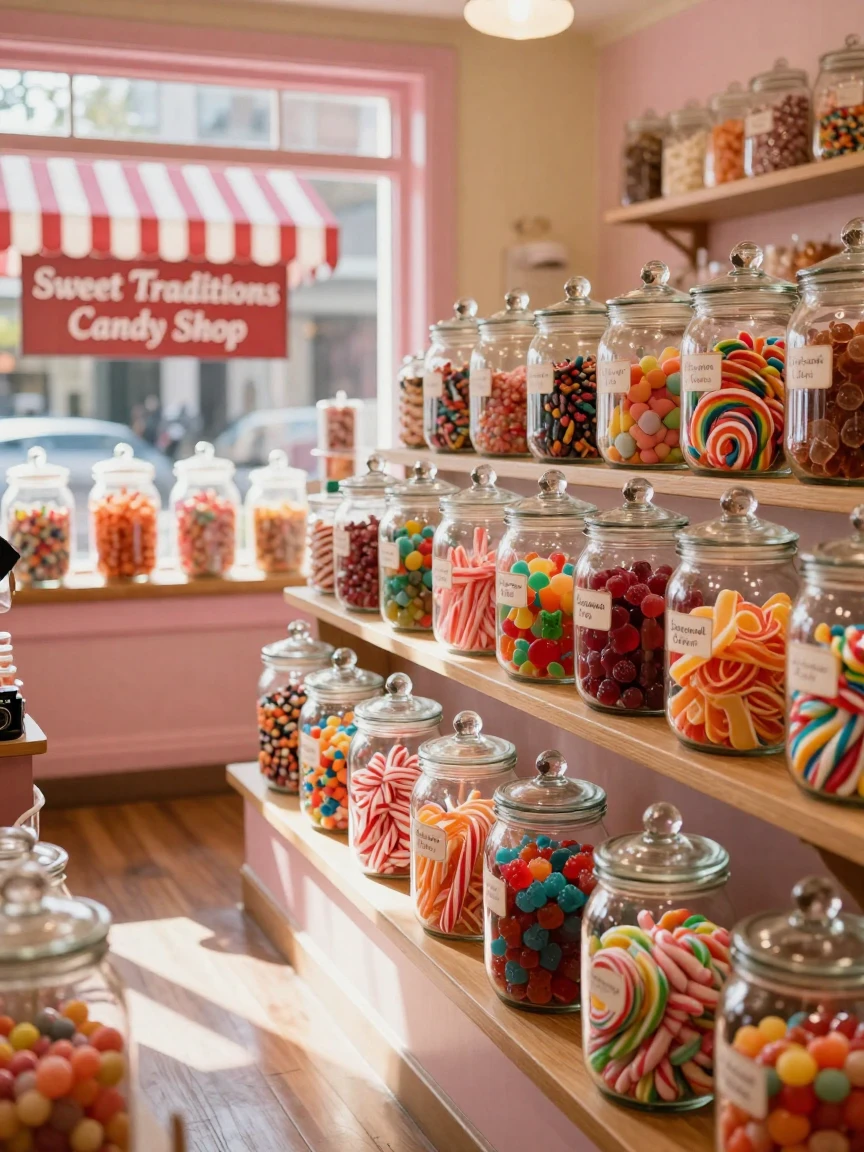 A candy store with jars of colorful old-fashioned sweets