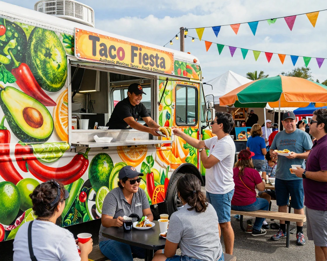 A food truck serving tacos at a bustling street fair