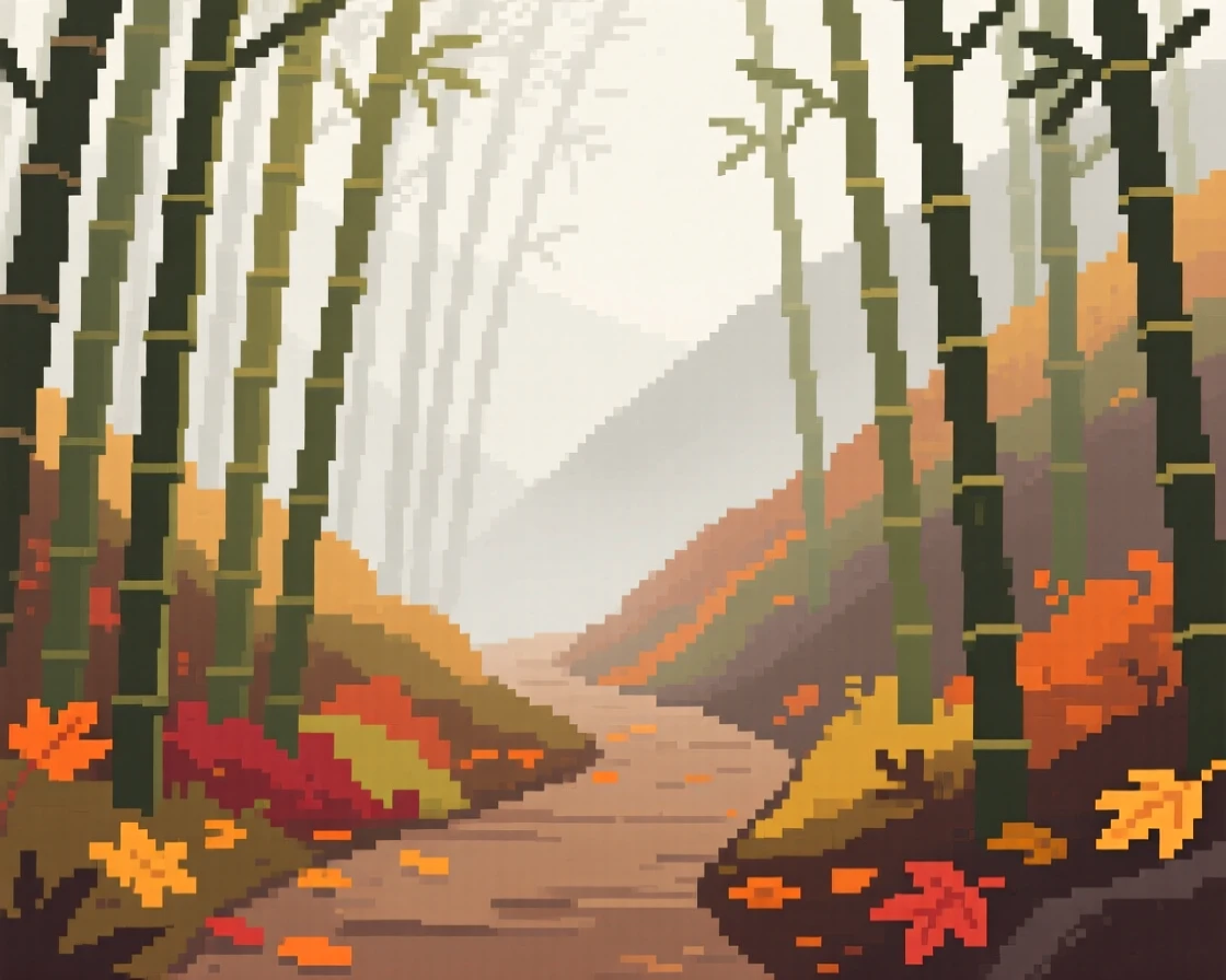 A bamboo forest path wrapped in a light morning mist, within a valley covered in autumn color.