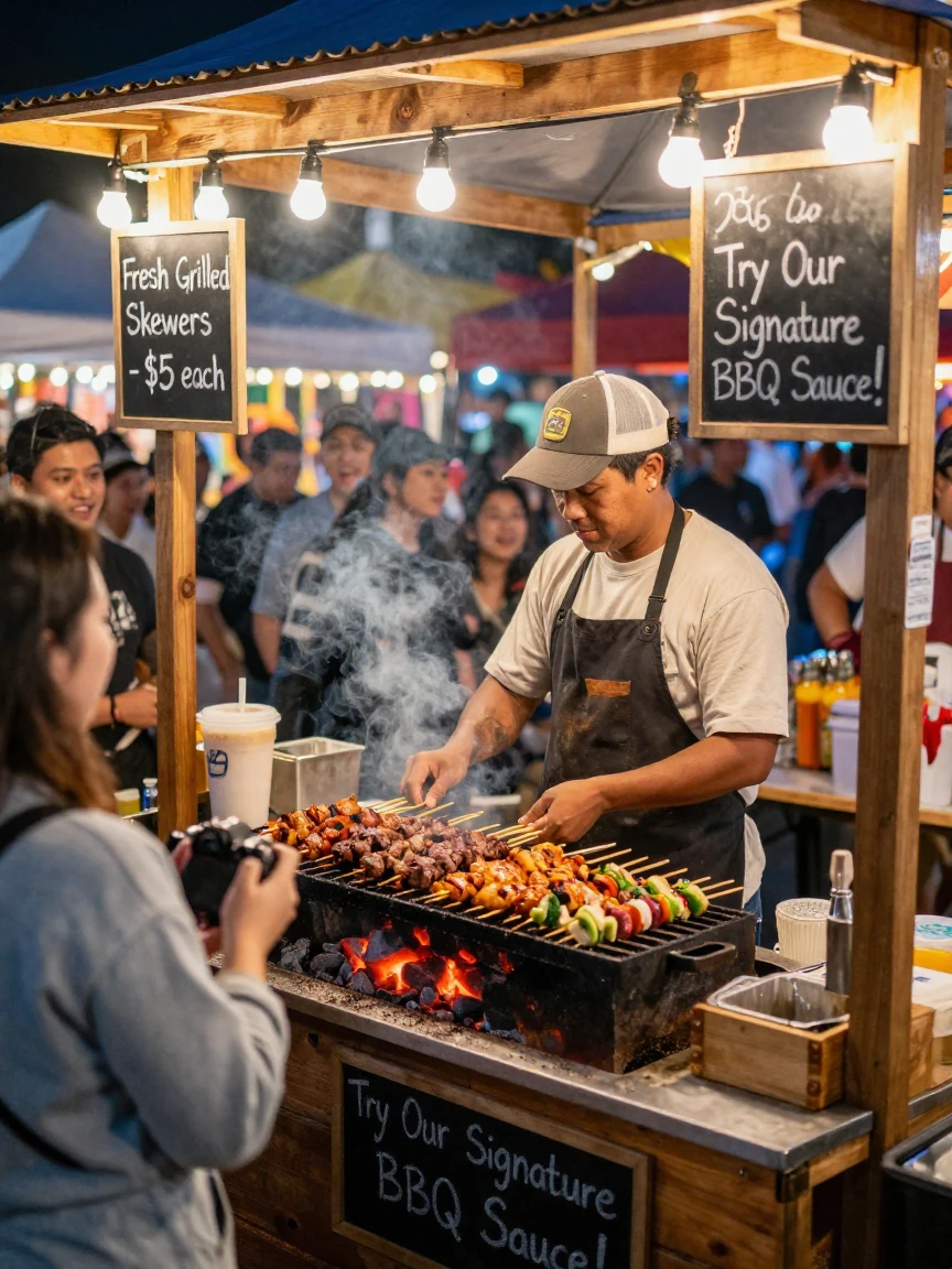 A night market stall grilling skewers over hot coals