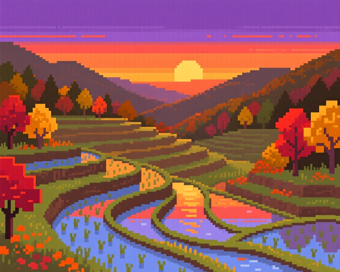 A terraced rice field reflecting the colors of a setting sun, within a valley covered in autumn color.
