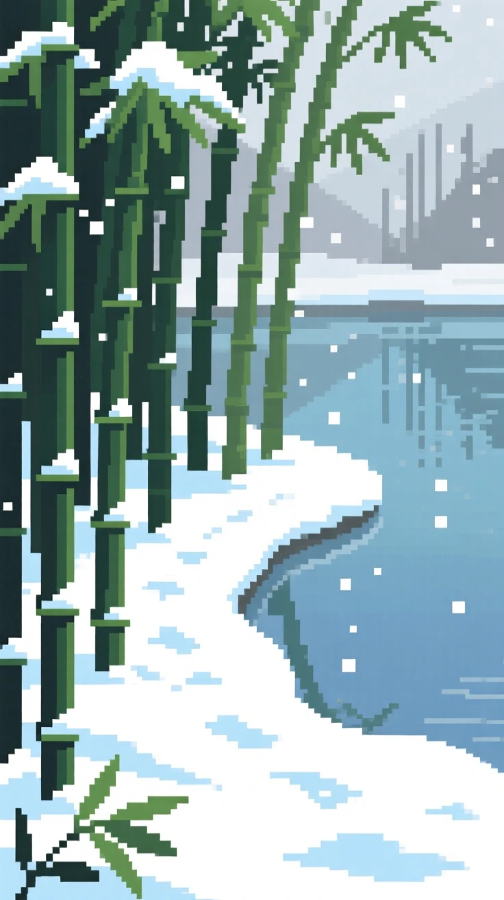 A bamboo forest path dusted with a light layer of fresh snow, beside a calm and glassy lake.