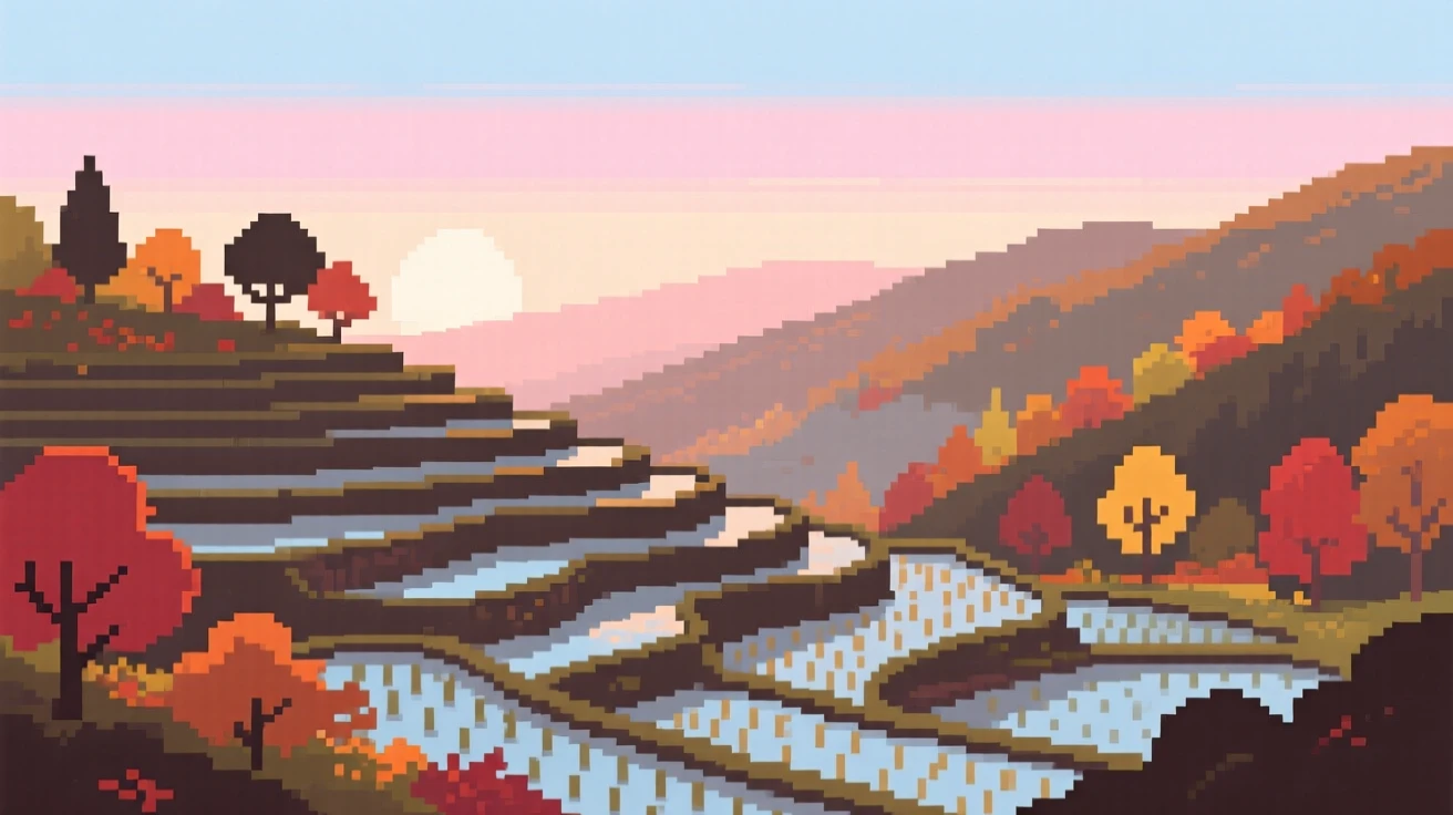 A terraced rice field bathed in the soft light of early morning, within a valley covered in autumn color.