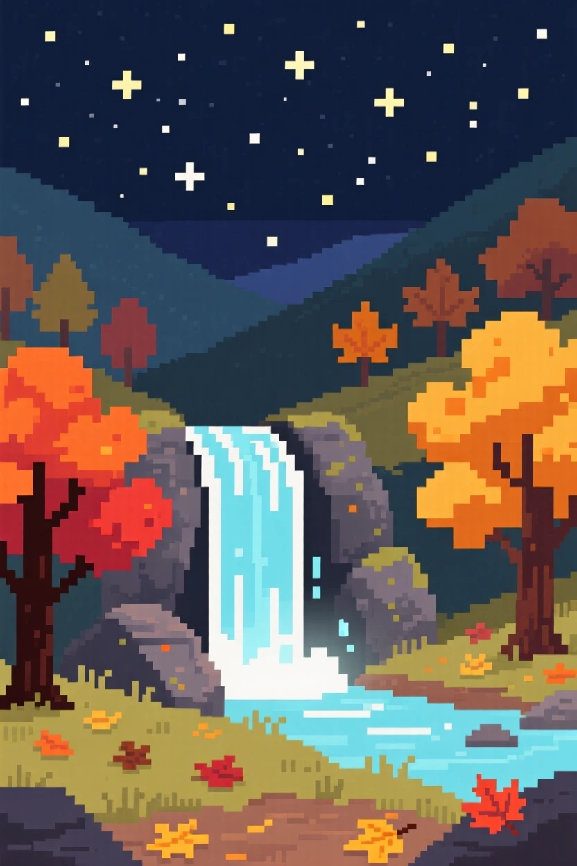 A quiet waterfall glowing under a sky full of stars, within a valley covered in autumn color.
