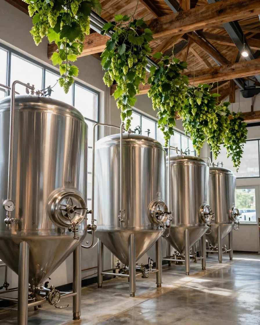 A brewery with steel tanks and hanging hop vines