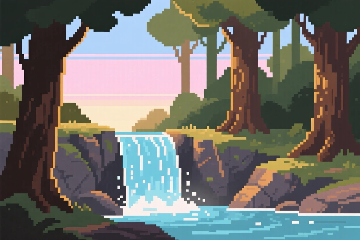 A quiet waterfall bathed in the soft light of early morning, at the edge of an ancient, quiet forest.