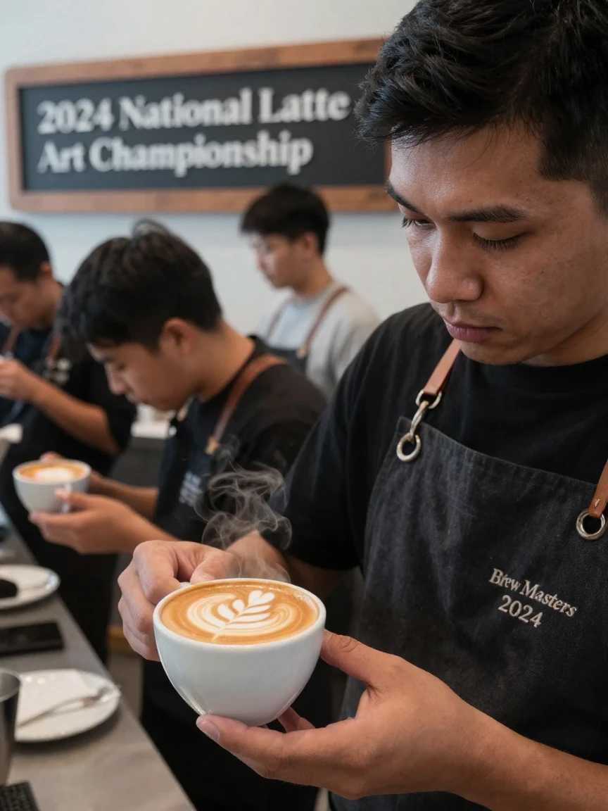A latte art competition with intricate foam designs