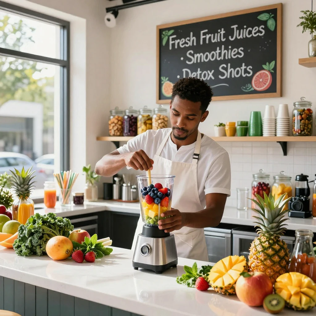 A juice bar blending a rainbow of fresh fruits