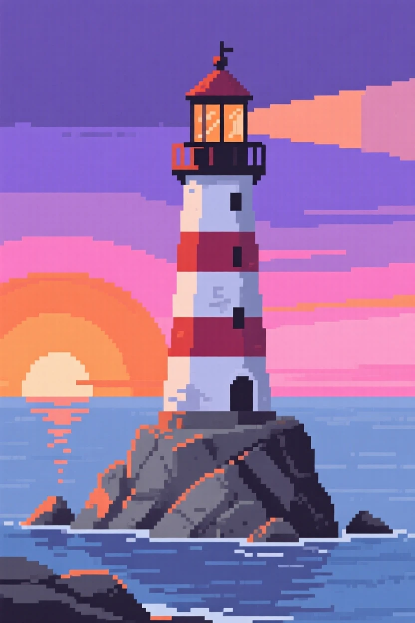 A lighthouse on a rocky point reflecting the colors of a setting sun, under a sky painted with the colors of sunset.