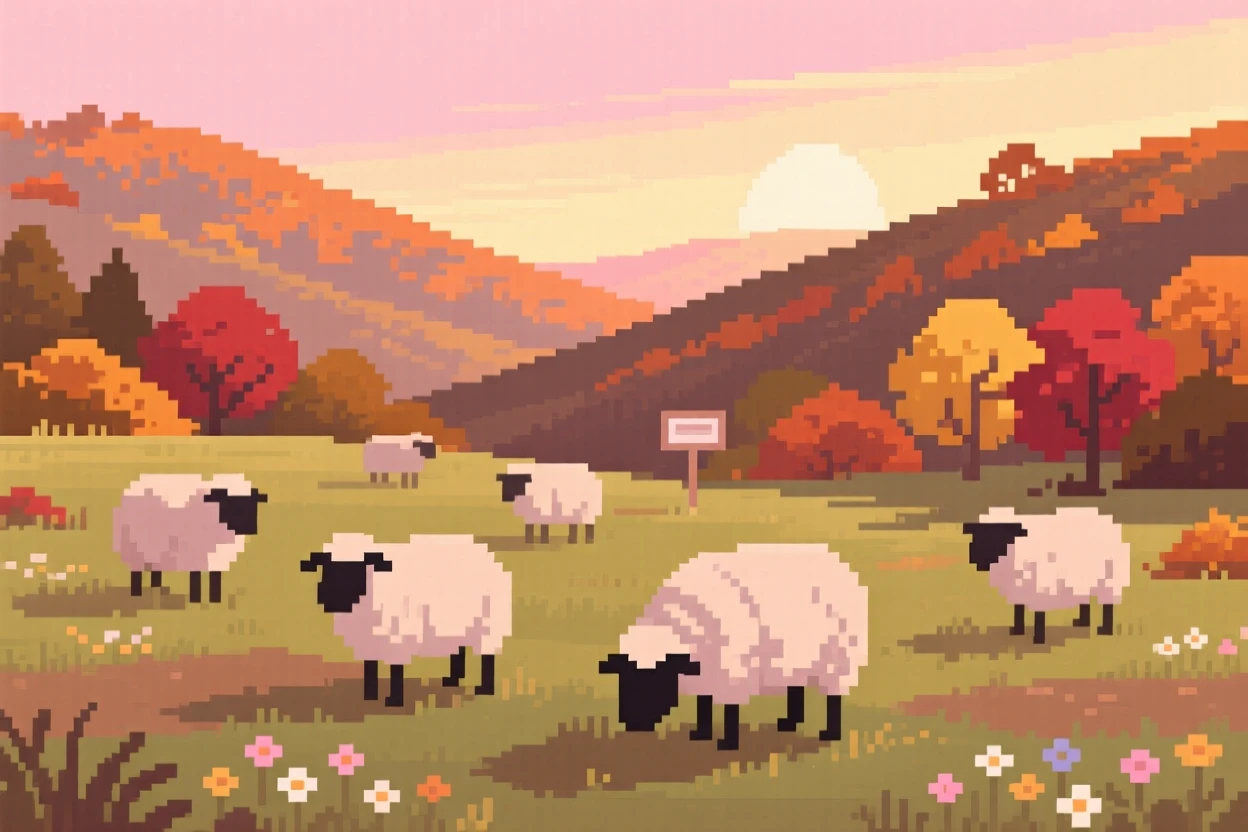 A meadow dotted with grazing sheep bathed in the soft light of early morning, within a valley covered in autumn color.