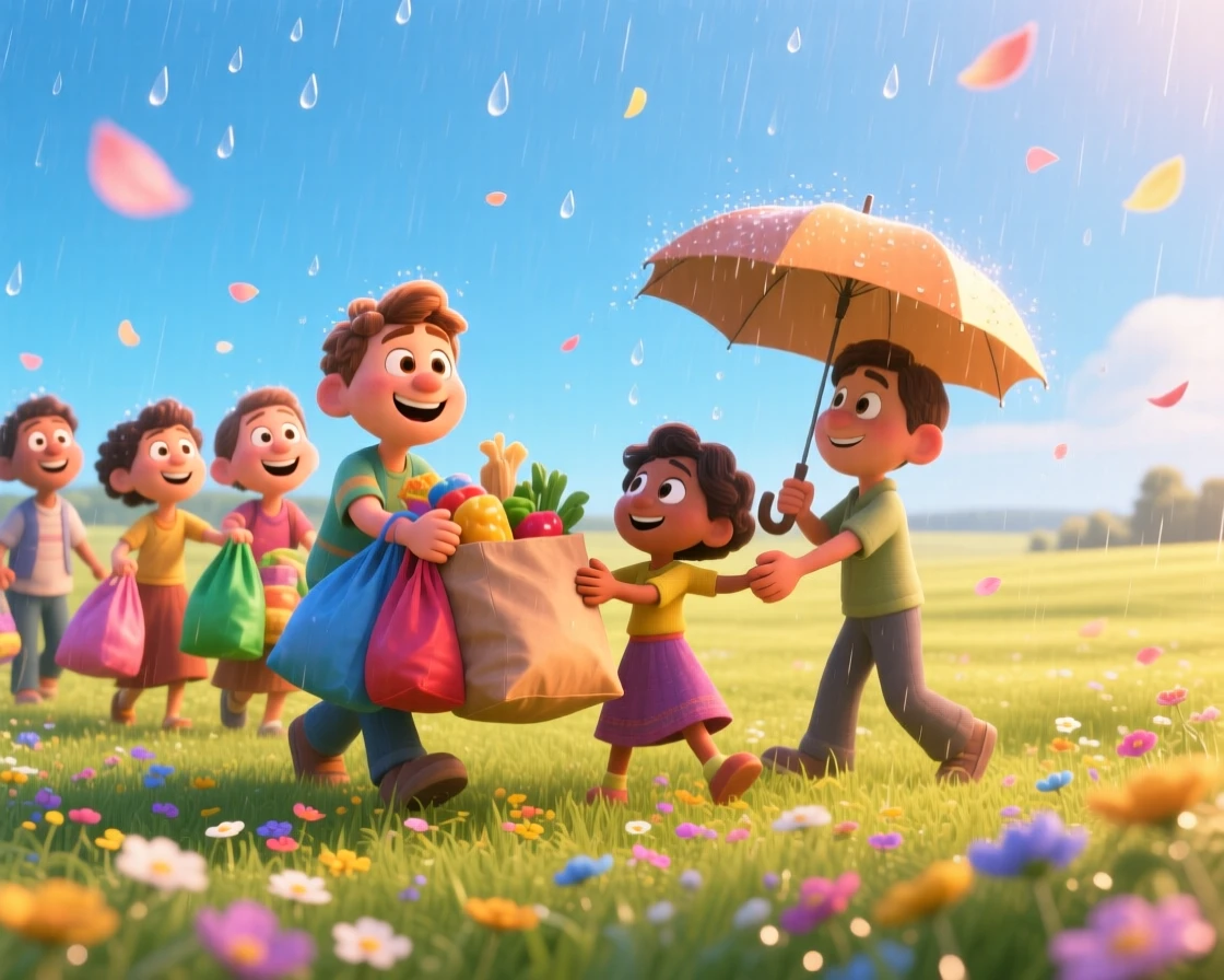 Strangers helping each other carry groceries in the rain unfolds in a wide open field under a bright blue sky, with flower petals scattered on the breeze. A wave of relief and celebration washes over everyone present.