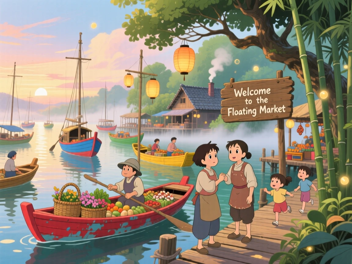 A scenic view of a floating market bustling with colorful wooden boats, as fishing boats bob gently in the harbor.