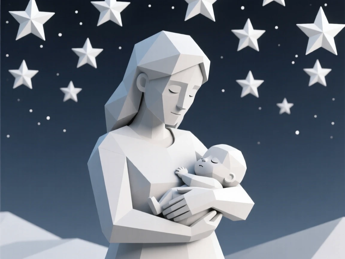 A mother cradling her sleeping newborn, beneath a sky full of stars. fine details in expression bring the moment to life. It captures a feeling of quiet triumph.