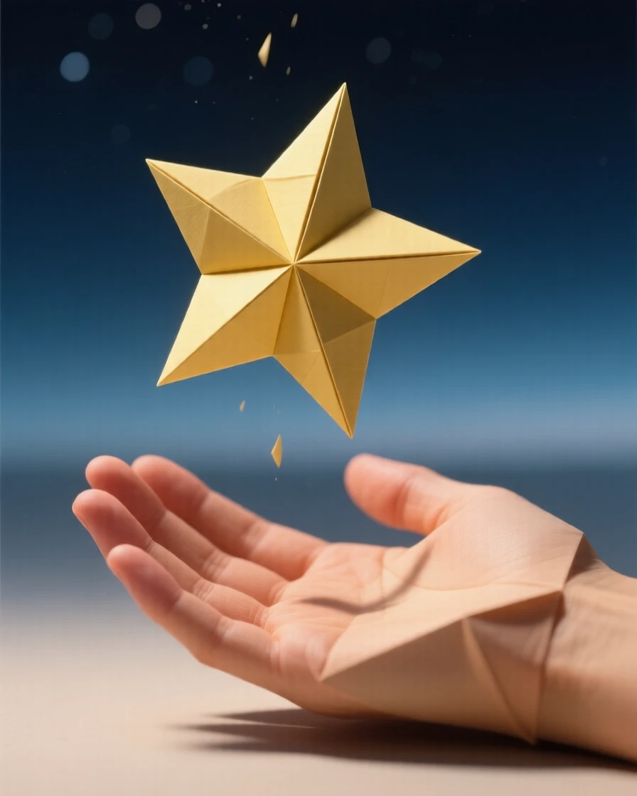 A single star falling from the sky and landing gently in an open palm below.
