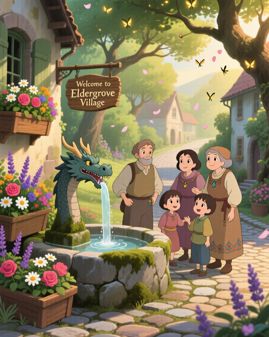 A cobblestone street lined with flower boxes, with villagers chatting near a well-worn fountain, in the soft morning light.