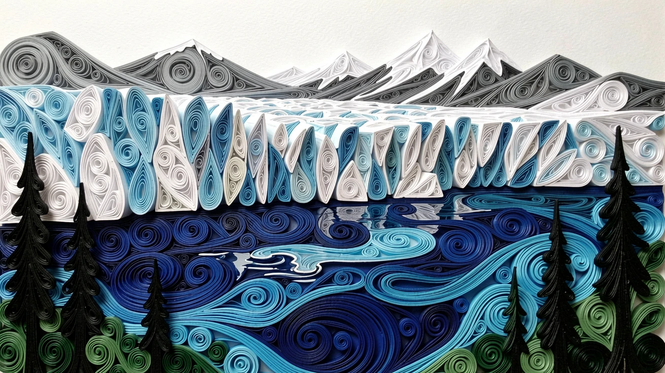 A breathtaking view of an Alaskan glacier calving into deep blue water framed by distant snow-capped mountains, with soft reflections shimmering on still water, framed by silhouetted trees in the foreground.