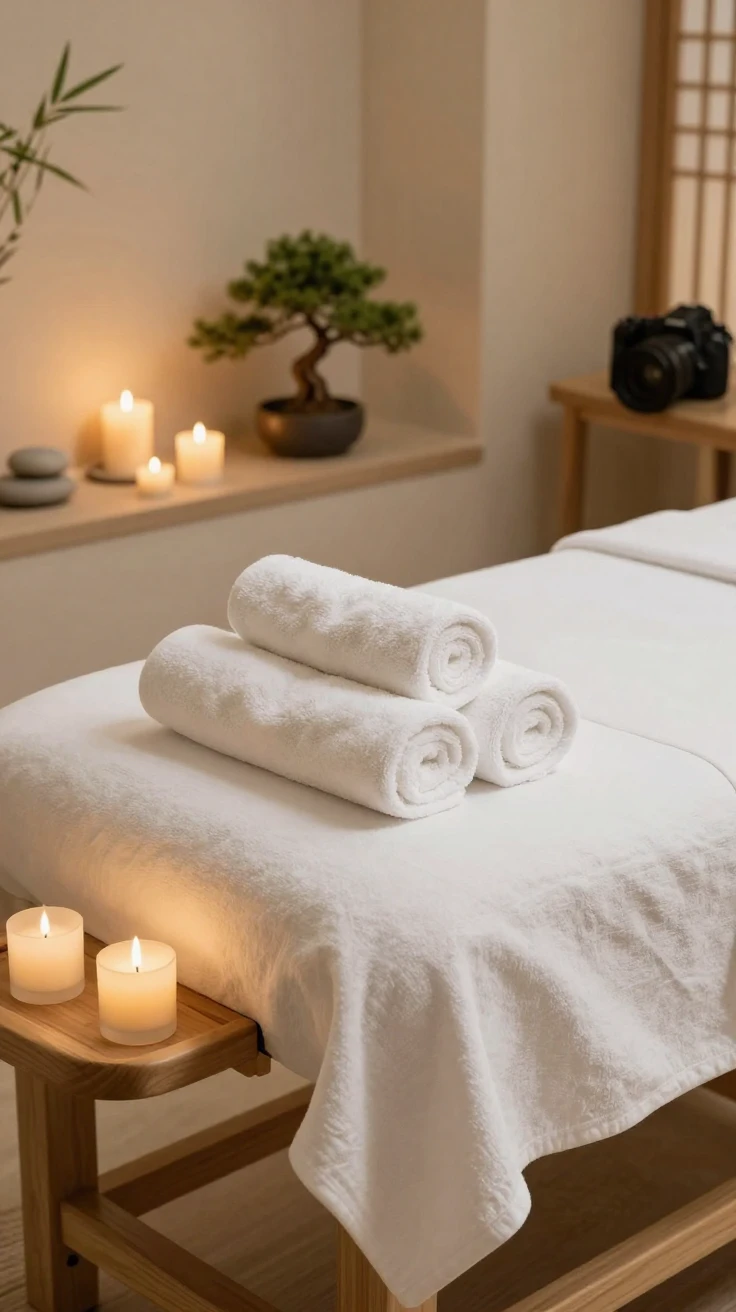A spa treatment room with candles and rolled towels