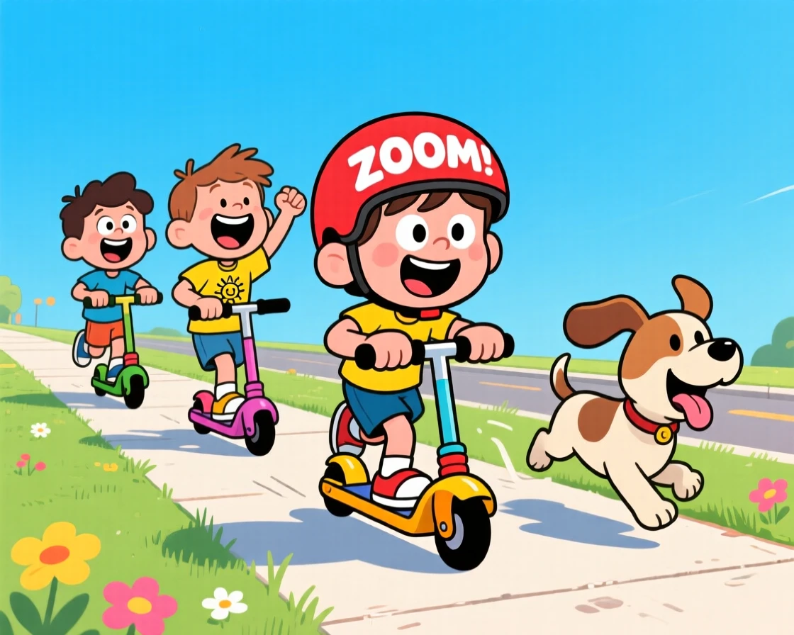 A playful childhood moment of a group of kids racing scooters down a sunny sidewalk, under a bright and cloudless summer sky.