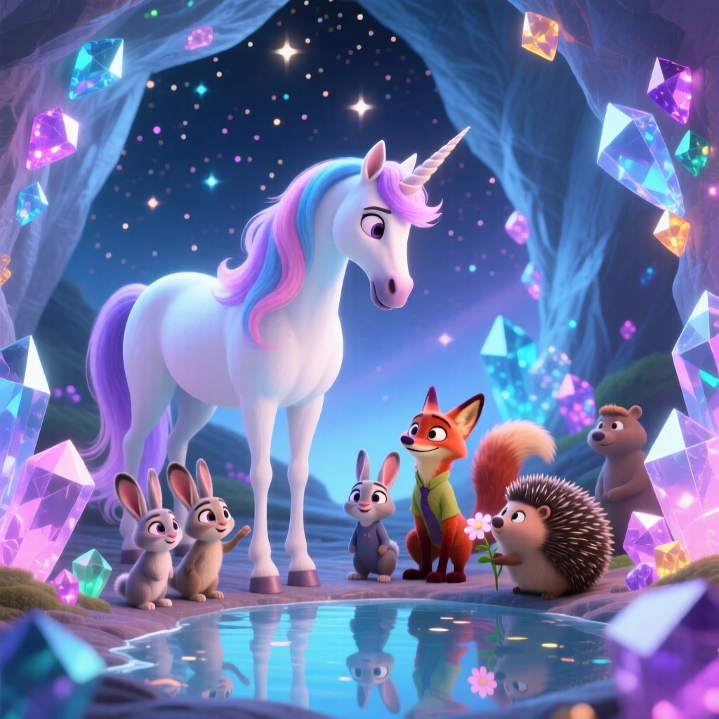 A unicorn with a flowing mane stands inside a crystal cave lit by glowing gems, whispering to woodland creatures gathered nearby. The mood is enchanting, hopeful, and dreamlike, with stars reflected in a nearby pool of water.