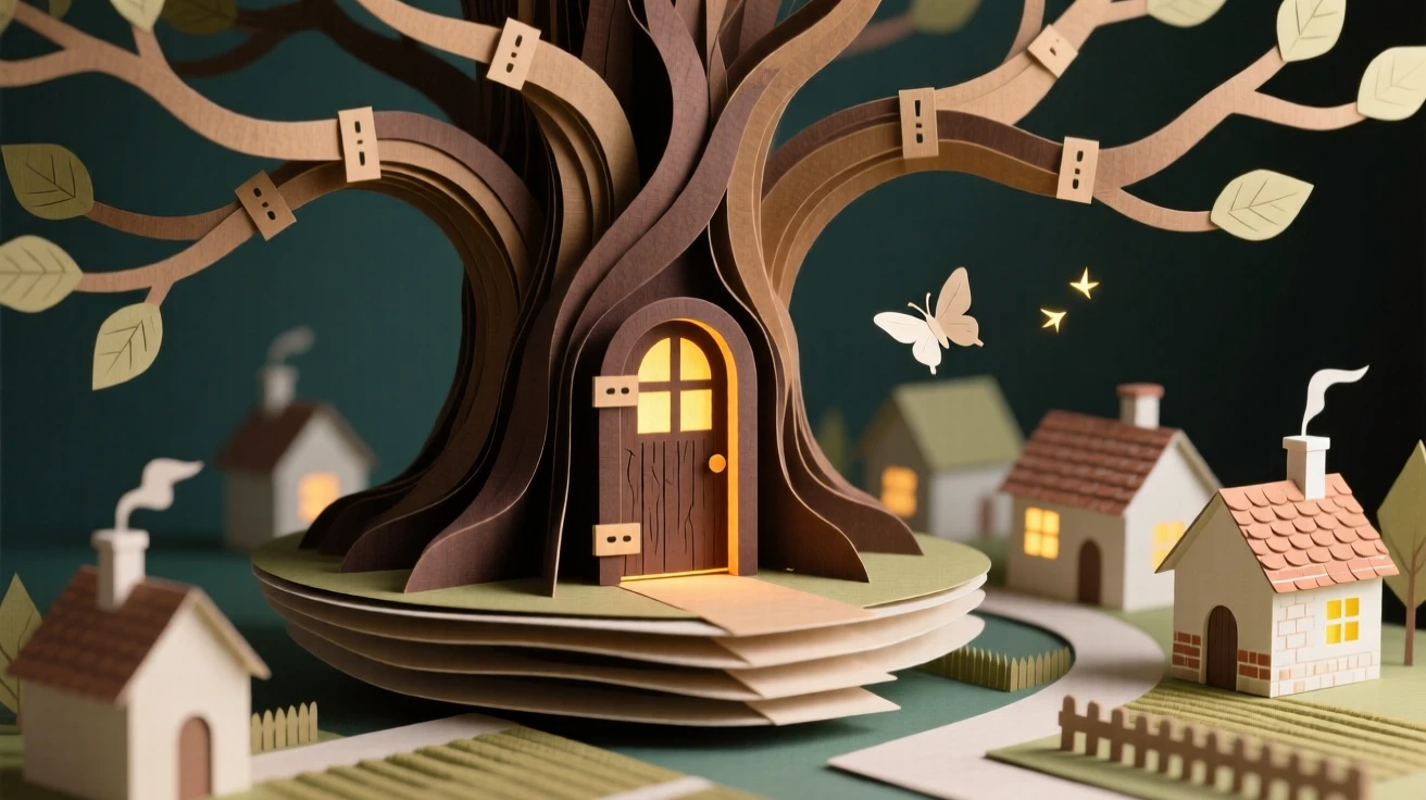 A hidden door glowing at the base of a tree drifting silently over a sleeping village, with delicate details inviting closer inspection, conveying gentle magic and curiosity.