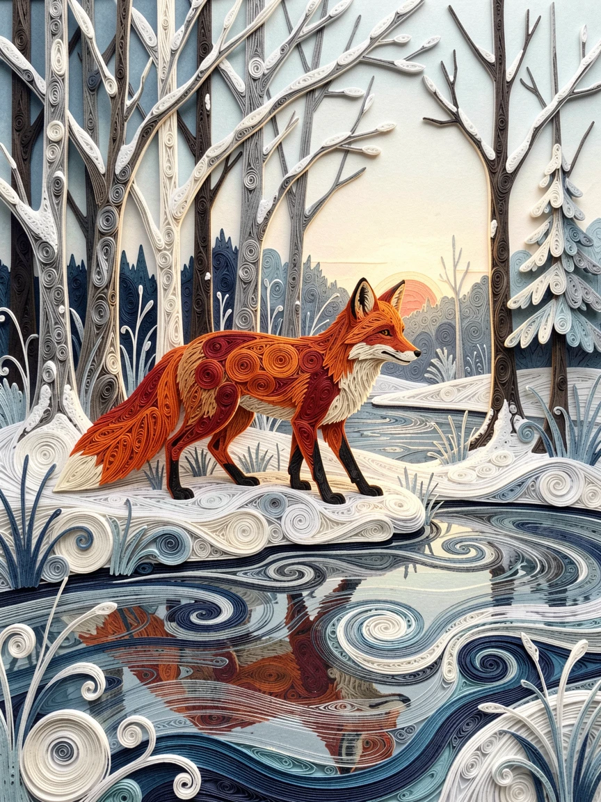 A striking wildlife scene of a red fox trotting through a snow-dusted forest beside a still, glassy expanse of water, in cool blues and silvers of early dawn, captured in a quiet, still, contemplative moment.