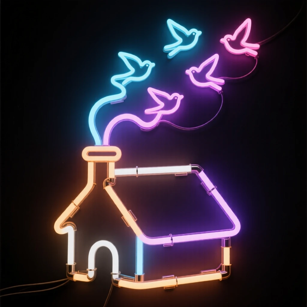 A cottage chimney releasing smoke shaped like small dancing birds.