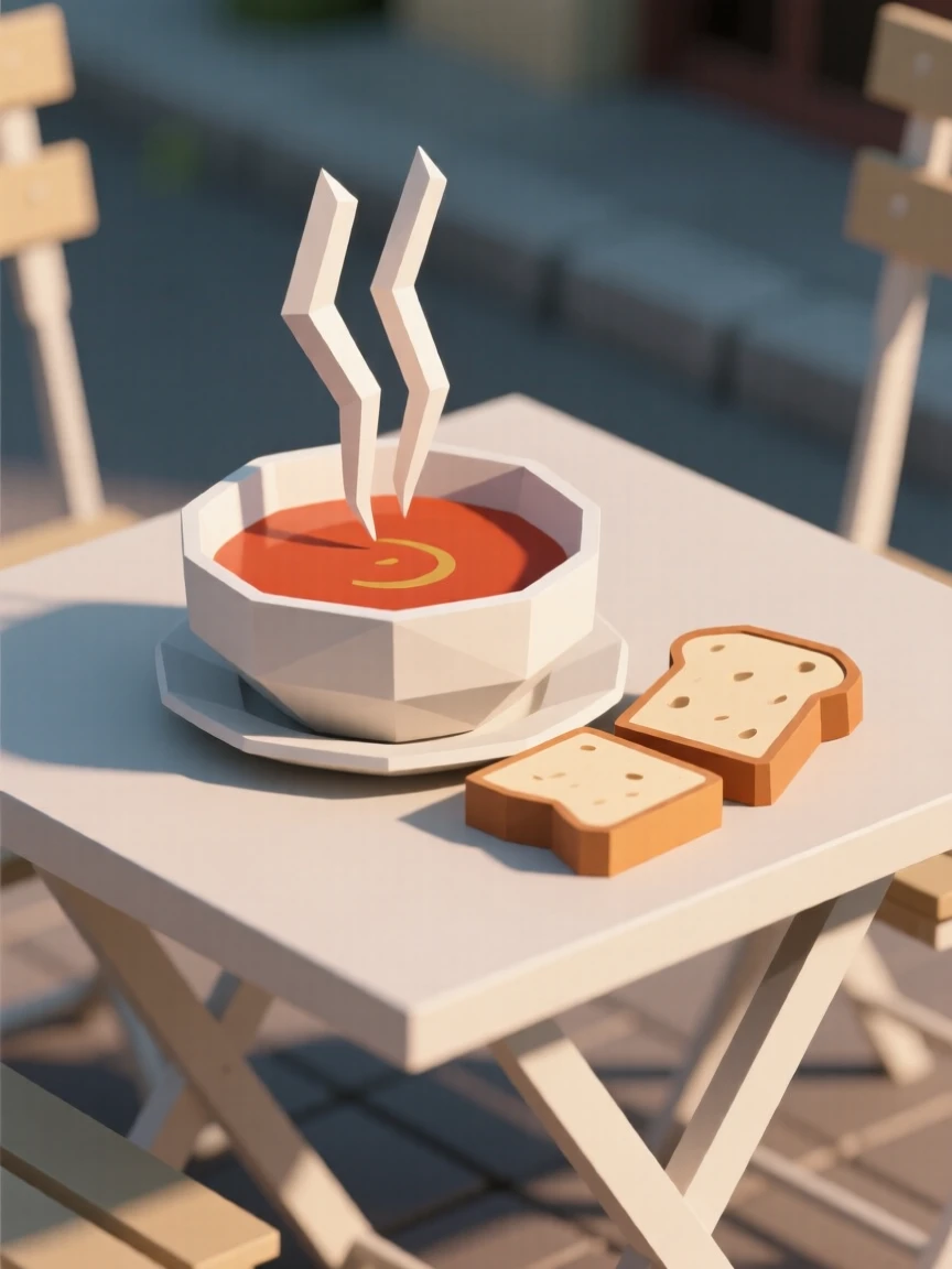 A warm bowl of tomato soup with crusty bread, at an outdoor café table. steam rises gently, adding a sense of freshness. The scene feels warm and comforting.