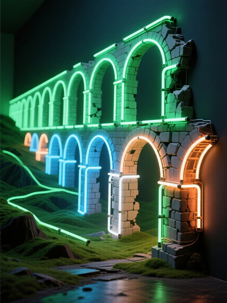A crumbling aqueduct stretching across a green valley.