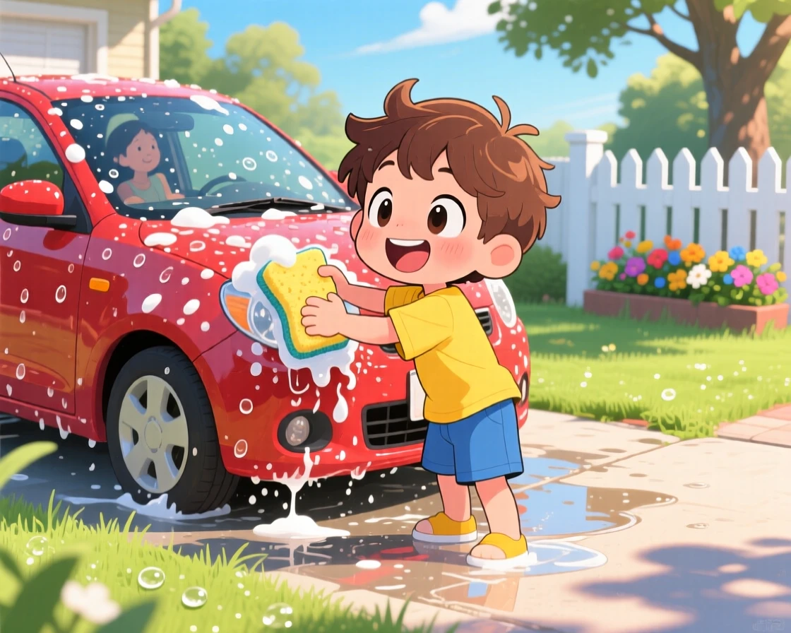 A small boy helping wash the family car, framed as a three-quarter view within a sunny driveway, as morning dew glistens on the grass, glowing under bright midday sun, evoking bubbly enthusiasm.