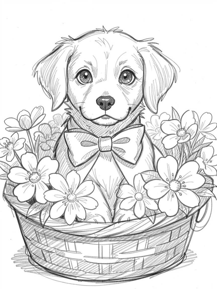 A charming close-up of a puppy wearing an oversized bow in a basket of soft flowers, with big, curious eyes.