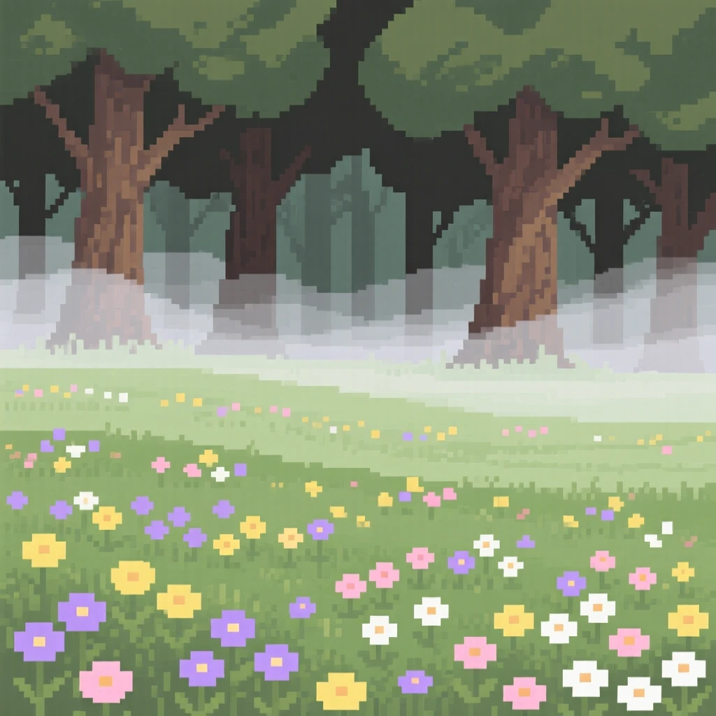 A field of wildflowers wrapped in a light morning mist, at the edge of an ancient, quiet forest.