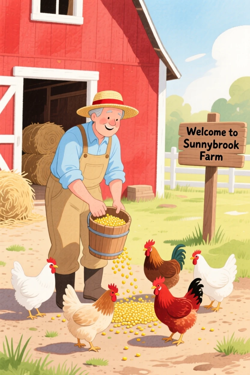 A picturesque view of a farmer feeding chickens in a sunny barnyard.