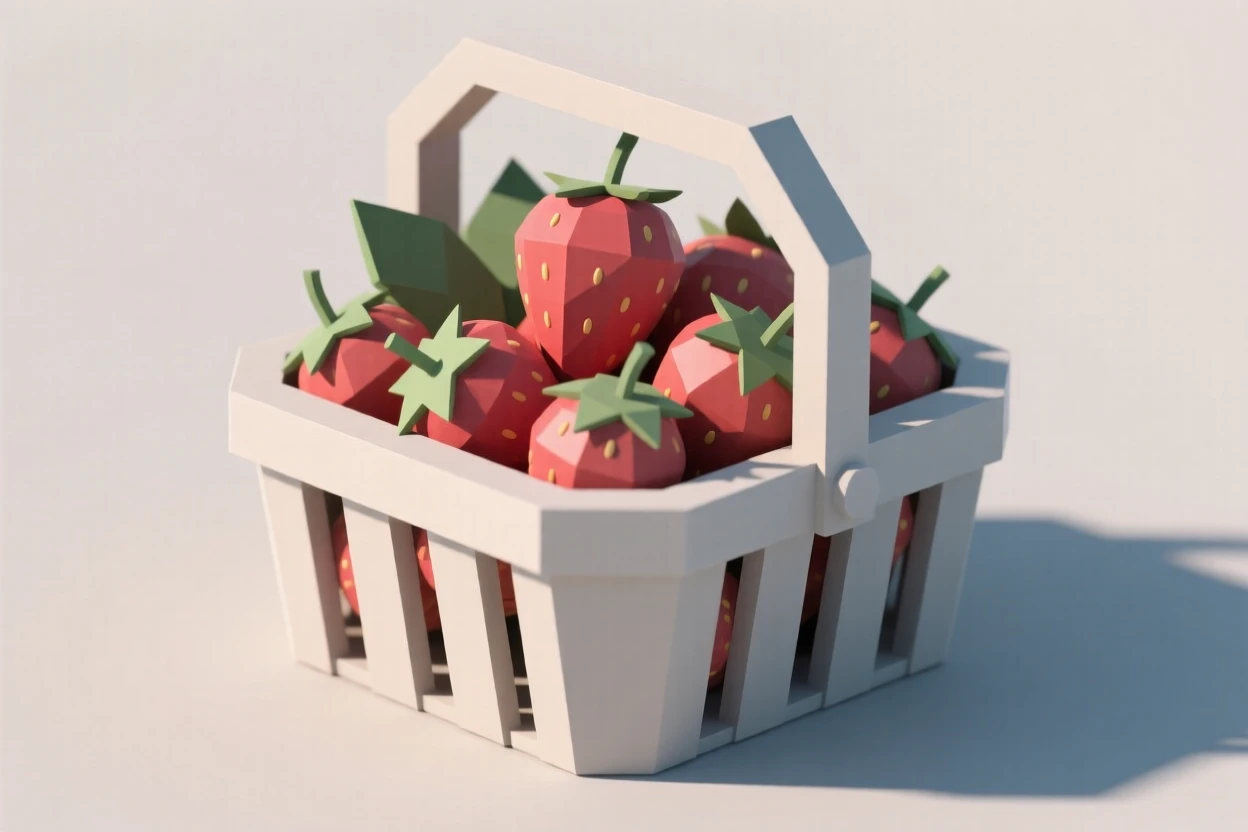 A basket of freshly picked strawberries, in soft morning light. vibrant colors are enhanced by careful arrangement. The setting feels indulgent and delicious.