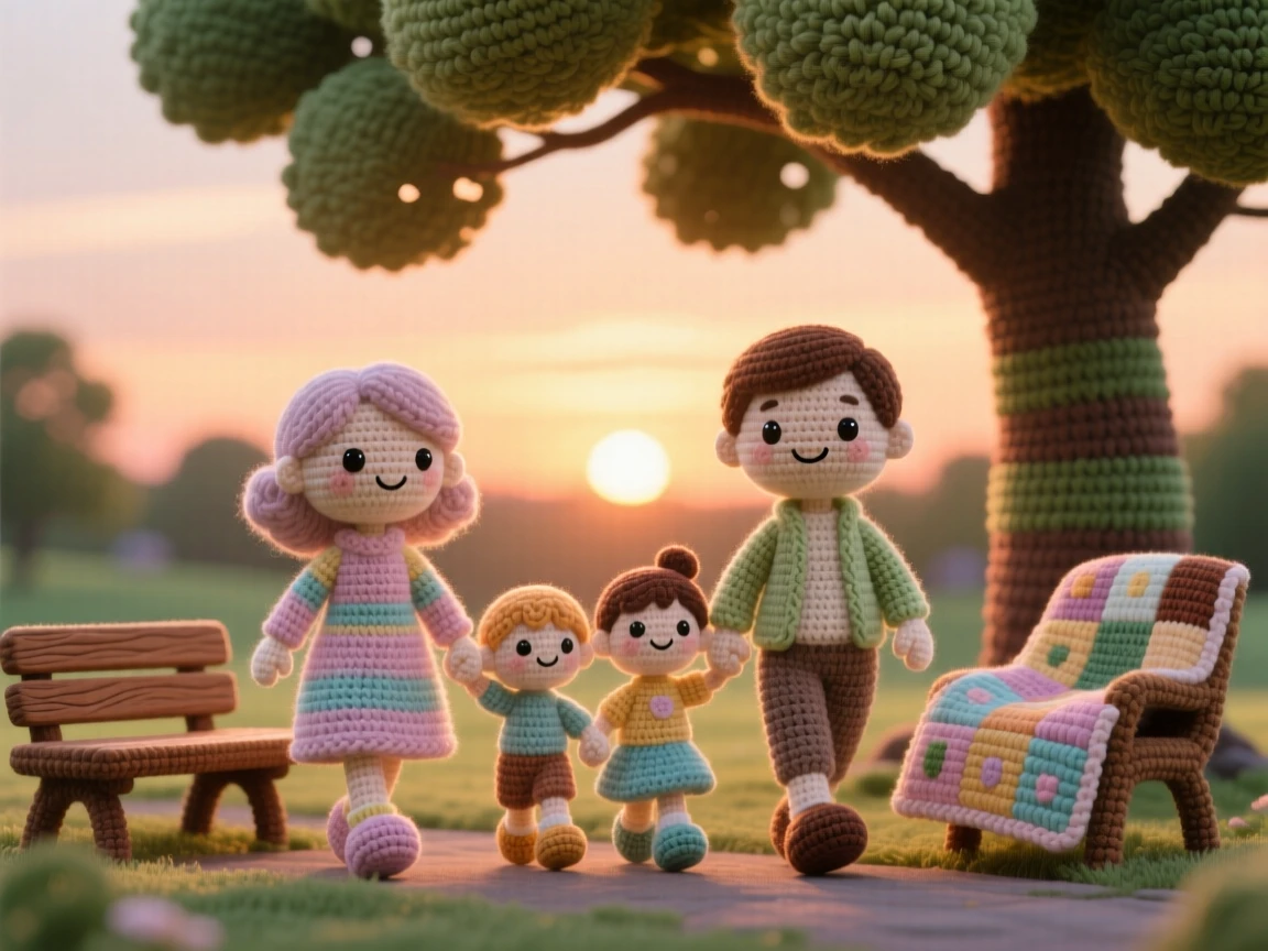 a family walking home together after a long day, silhouetted against a warm sunset, is captured holding hands in a happy little row in a peaceful park bench beneath a shady tree beside a warm quilt draped over a nearby chair, showing heartfelt closeness and shared happiness.