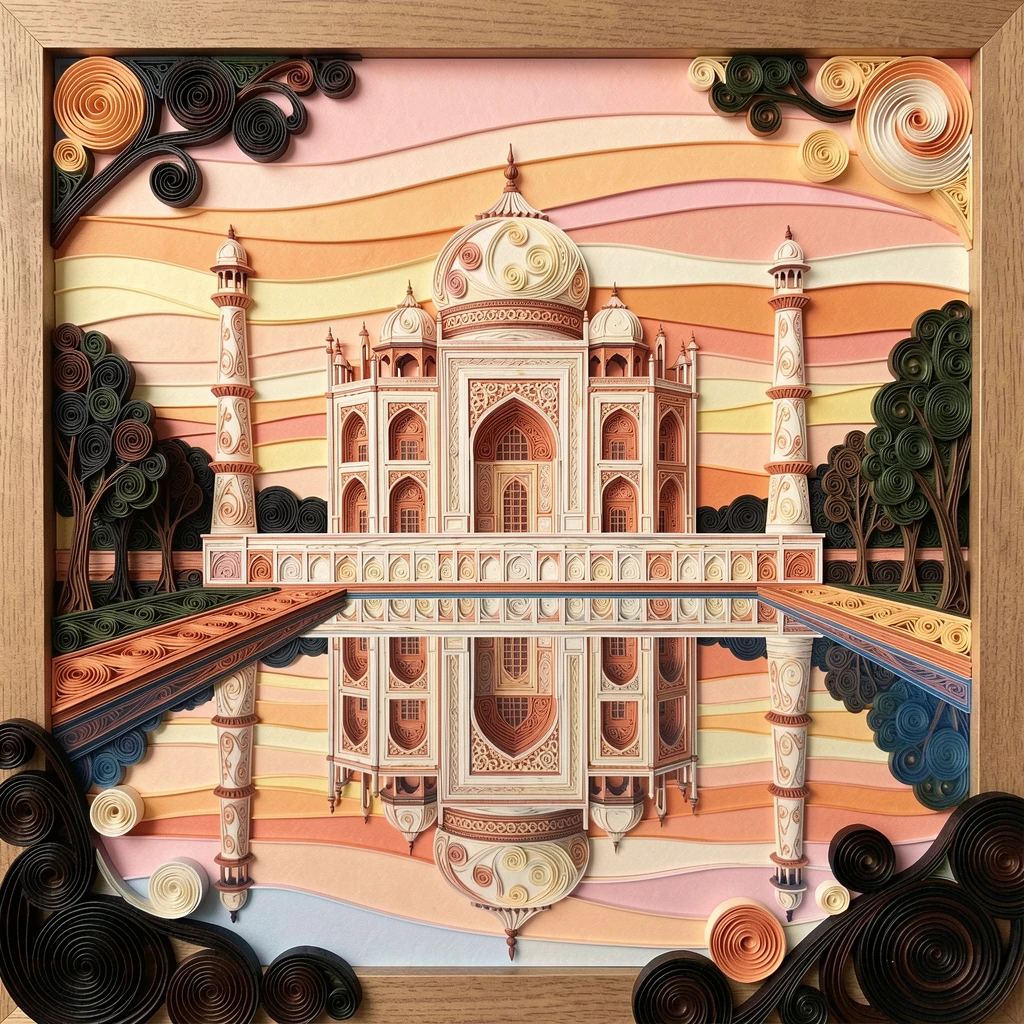 A breathtaking view of the Taj Mahal reflected perfectly in its still pool beneath a sky painted in soft sunset gradients, in warm terracotta and cream architectural tones, framed by silhouetted trees in the foreground.