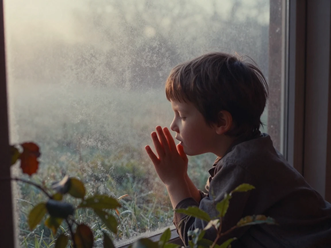 A photorealistic vintage-style photograph capturing an intimate moment of a young American child pressing their face gently against a frosted window pane, bathed in the pale, diffused light just before sunrise. The setting is early spring, with a delicate mist rising softly off the dew-covered ground outside, creating a dreamy, ethereal atmosphere. The foreground is softly framed by dense foliage with muted olive and rust tones, lending a nostalgic, earthy color palette that evokes a sense of quiet anticipation and innocence. The image features gentle film grain and muted, period-appropriate color balance to reflect the characteristics of classic film photography from the mid-20th century. The composition exudes warmth and subtle texture, showcasing the clarity and precision achievable with premium vintage camera equipment operated by a skilled professional photographer.