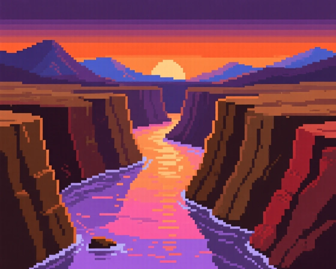 A canyon carved by a river reflecting the colors of a setting sun, surrounded by distant mountain peaks.