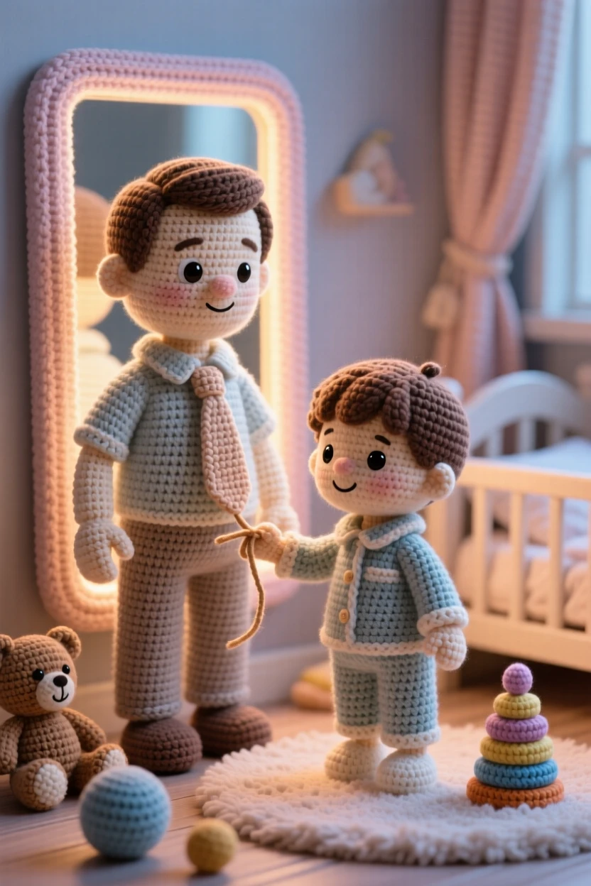 a father teaching his son to tie a necktie, both standing before a mirror, adjusting the final knot with pride, in a softly lit nursery at bedtime, with a scattering of toys tidied nearby, radiating quiet tenderness between generations.