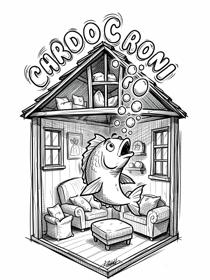A fish blowing bubbles that spell out a message inside a cozy dollhouse.