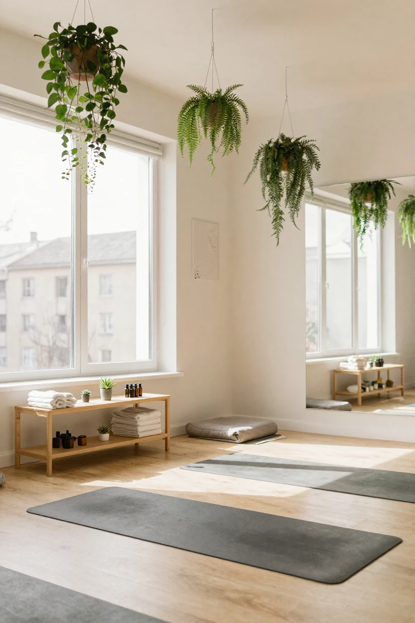 A wellness studio with soft light and hanging plants