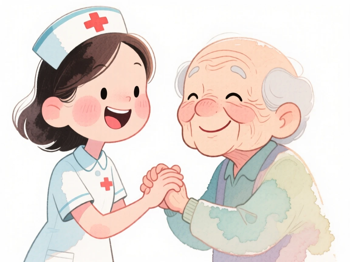 An uplifting, heartwarming moment of a nurse gently holding the hand of an elderly patient