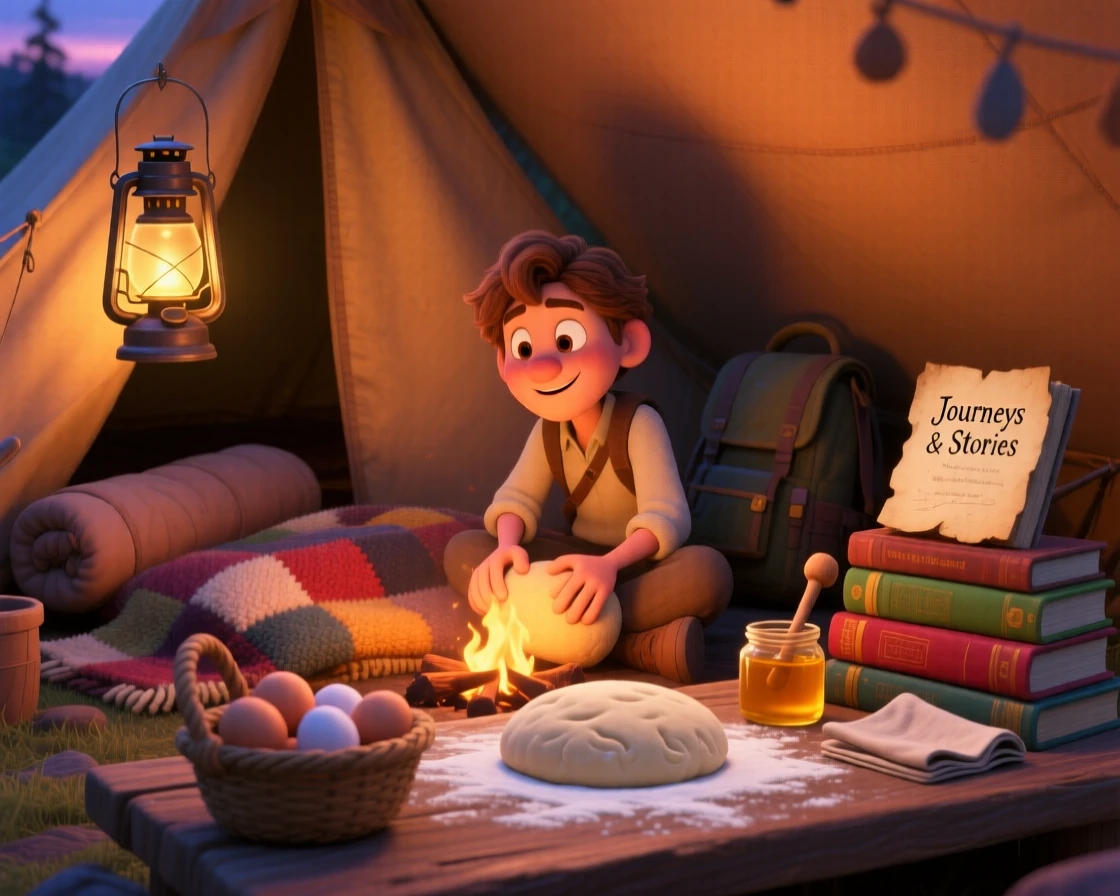 A traveler warming their hands by a fire sits inside a tent glowing from a lantern, kneading dough on a floured counter. The mood is snug, tender, and softly domestic, with a stack of books piled beside them.