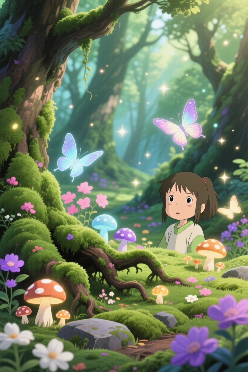 A moss-covered grove filled with softly glowing mushrooms, butterflies drifting between blossoms, creating a scene of quiet natural magic.