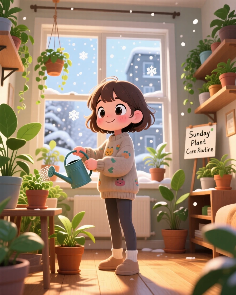 Low-angle shot looking up of a young girl, watering houseplants on a Sunday morning, in a bright plant-filled apartment, during a cozy winter snowfall, illuminated by soft golden-hour sunlight, radiating brave confidence.
