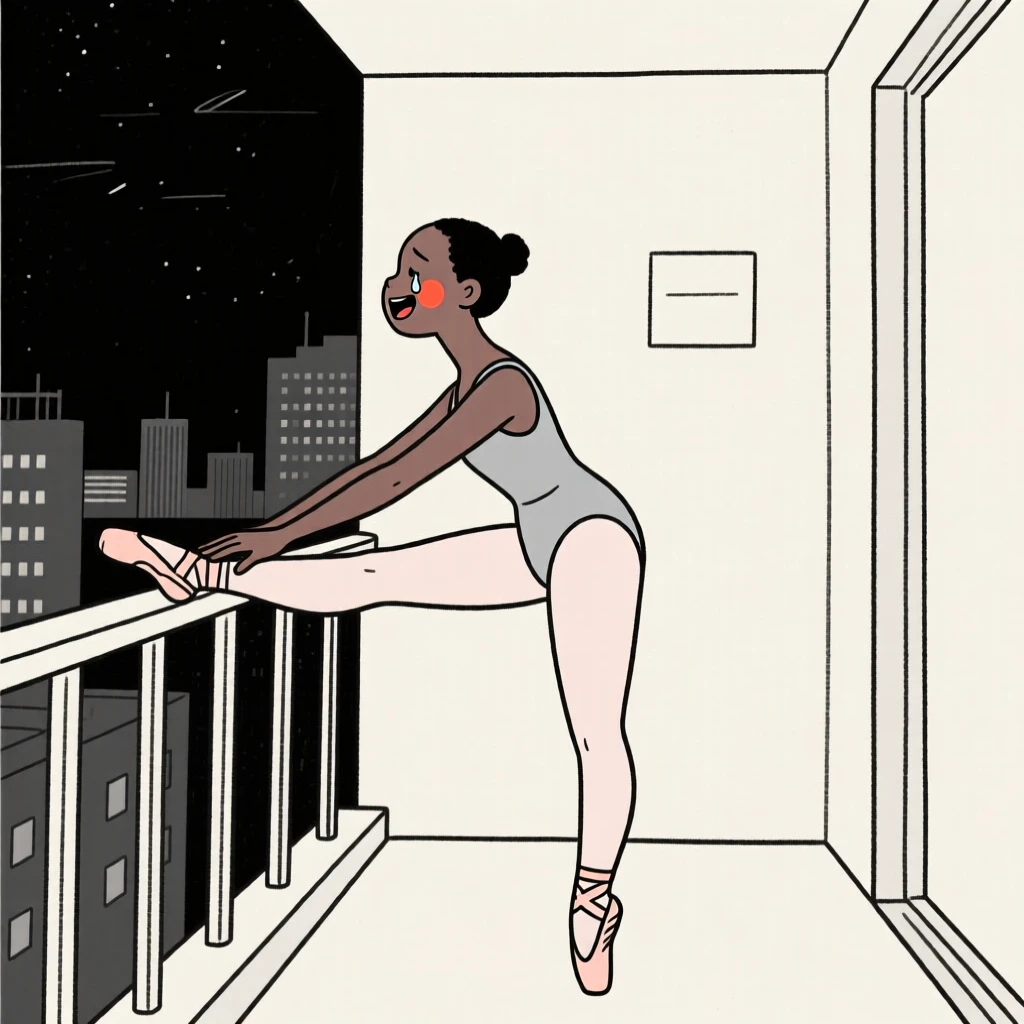A ballet of kenyan heritage dancer stretching backstage, holding back happy tears, on a city balcony at night.