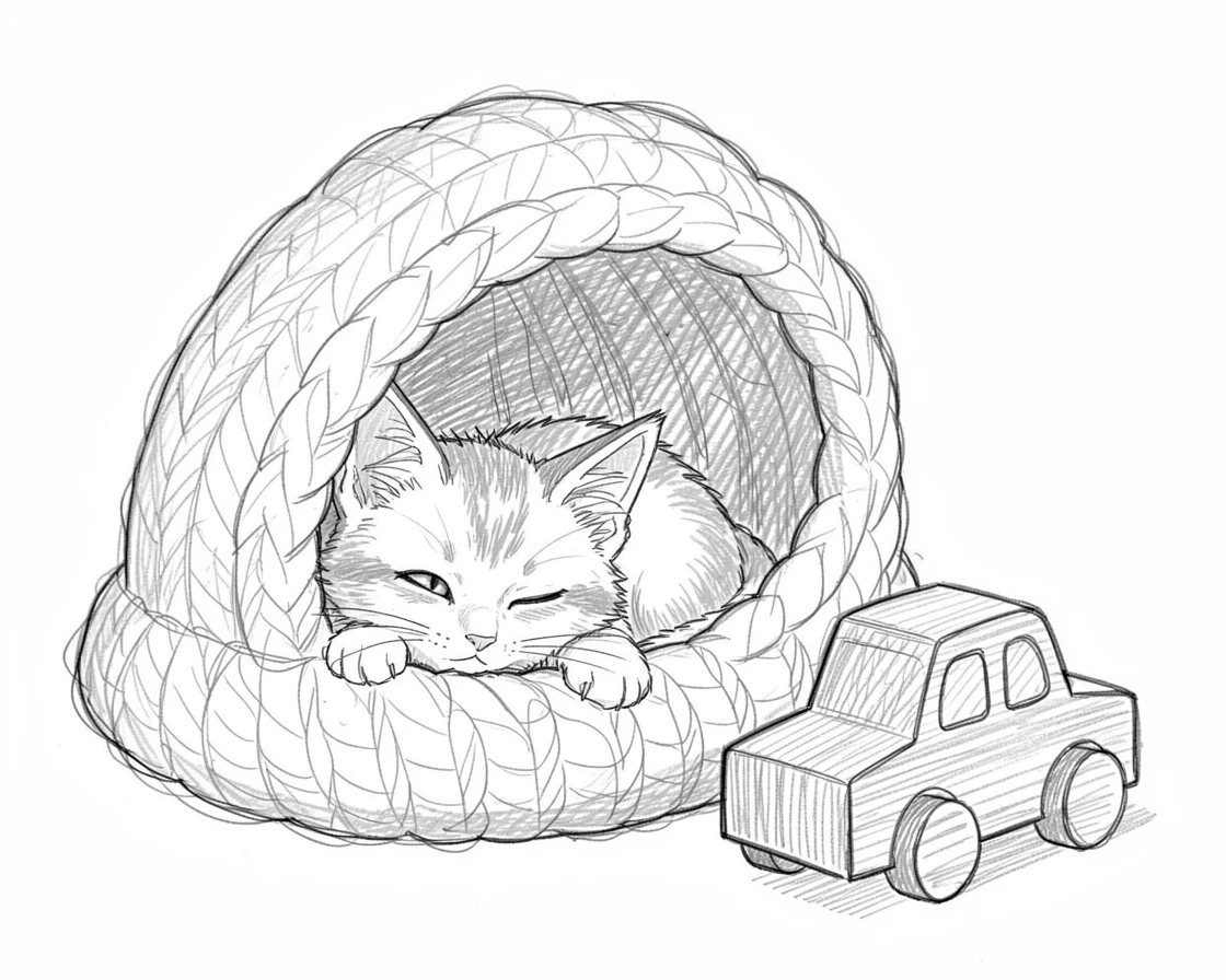 A kitten napping inside a cozy knitted hat, beside a small wooden toy, with a playful, mischievous expression.