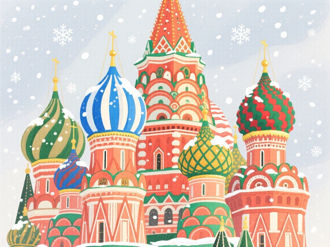 A stunning view of the colorful domes of a Moscow cathedral under snowfall.