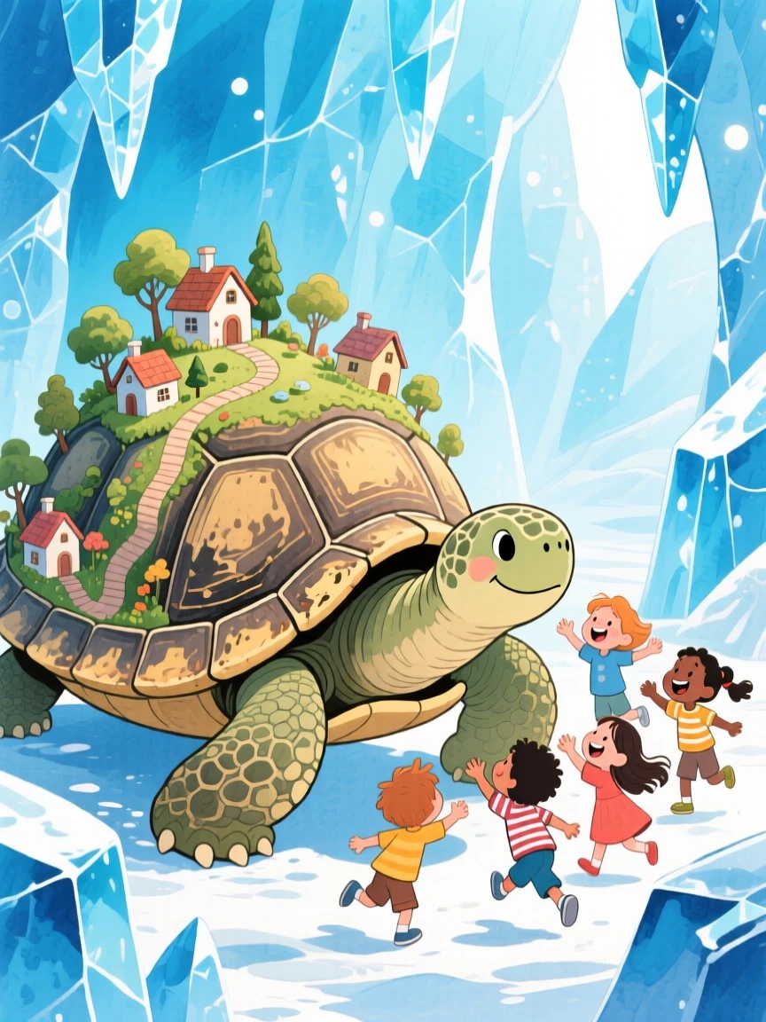 A gentle giant tortoise carrying a village on its back playing with a group of delighted children, in a sparkling ice cave, evoking awe and quiet enchantment.